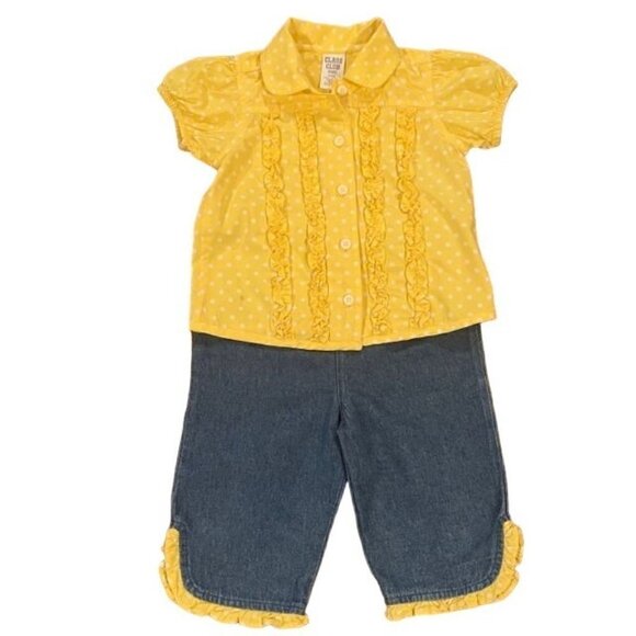 Class Club Other - Class Club 2-Piece Set Yellow Polka Dot Top/Denim Pants with Yellow Trim 24M